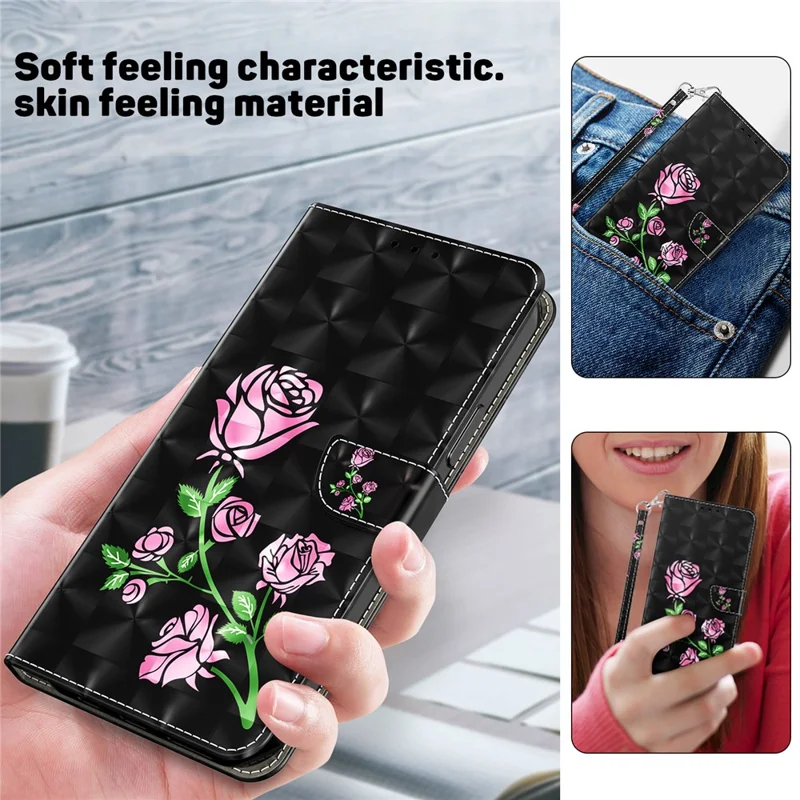 For Xiaomi Redmi Note 13 Pro+ 5G Leather Case 3D Pattern Printing Phone Cover with Hand Strap - Rose Flower