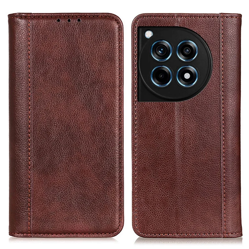 For OnePlus 12R 5G / Ace 3 5G Case Split Leather Flip Wallet Stand Cover Litchi Texture - Brown