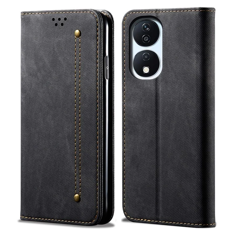 For Honor Play 8T 5G / X7b 4G / 90 Smart Case Funda de Piel de Imitación de Tela Vaquera Textura Soporte Vista del Teléfono - Negro