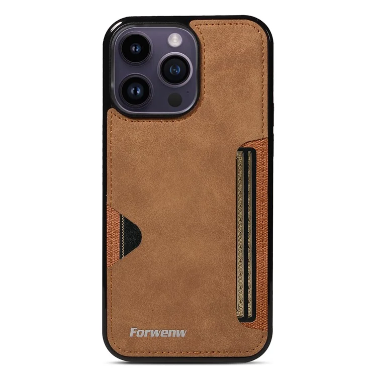 FORWENW F5 Series For iPhone 15 Pro Max Case Leather+TPU Phone Cover with Card Holder - Brown
