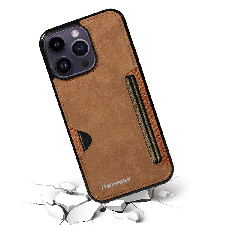FORWENW F5 Series For iPhone 15 Pro Max Case Leather+TPU Phone Cover with Card Holder - Brown