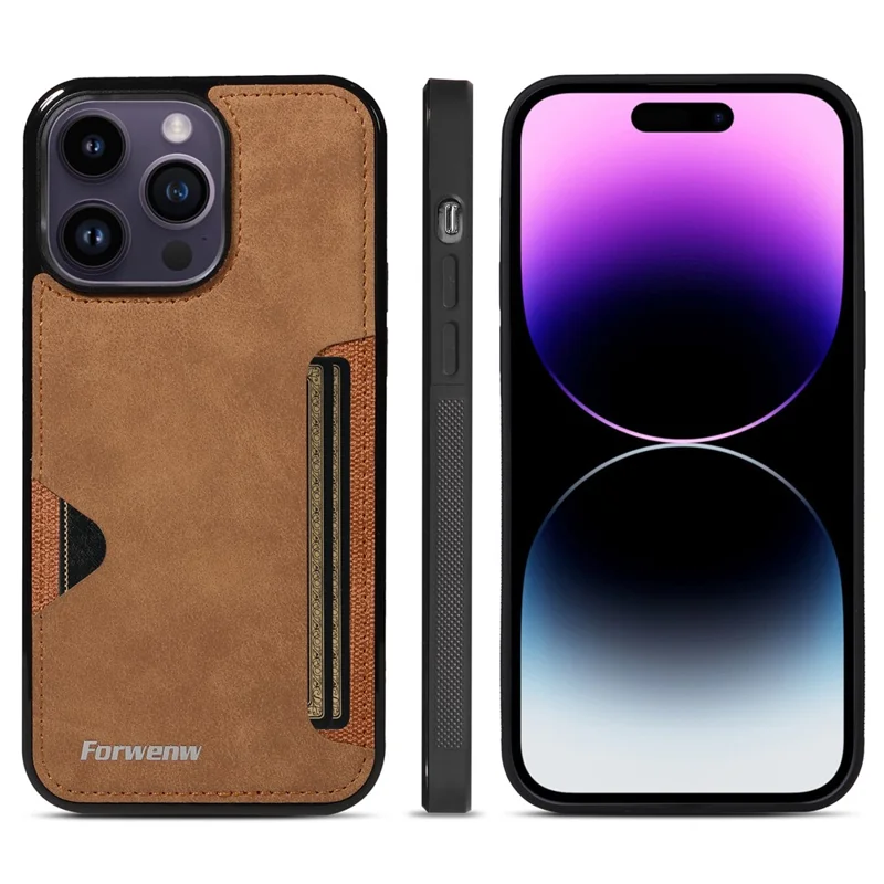 FORWENW F5 Series For iPhone 15 Pro Max Case Leather+TPU Phone Cover with Card Holder - Brown