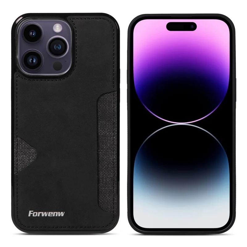 FORWENW F5 Series For iPhone 15 Pro Max Case Leather+TPU Phone Cover with Card Holder - Black