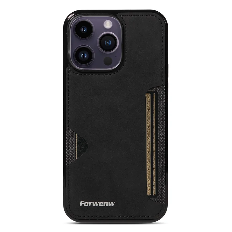 FORWENW F5 Series For iPhone 15 Pro Max Case Leather+TPU Phone Cover with Card Holder - Black