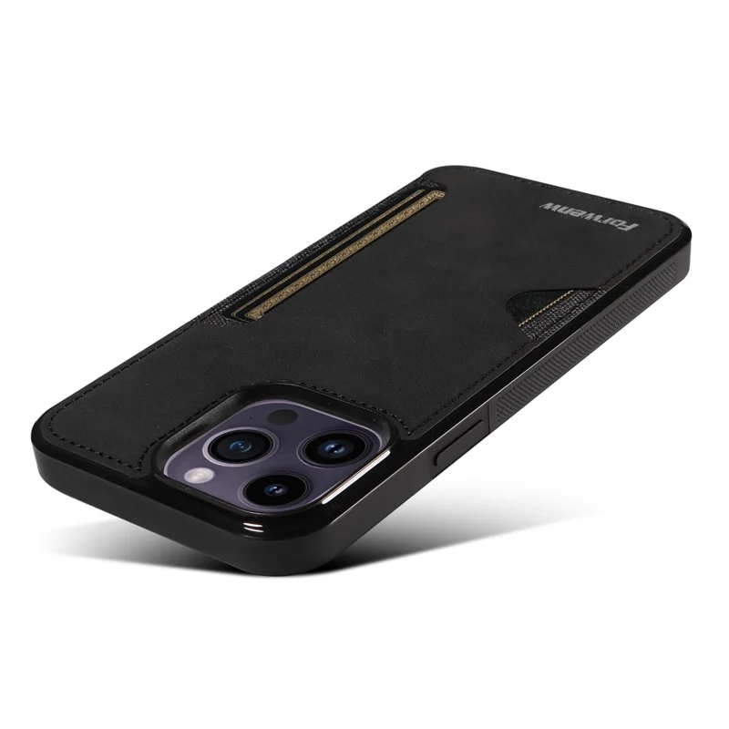 FORWENW F5 Series For iPhone 15 Pro Max Case Leather+TPU Phone Cover with Card Holder - Black