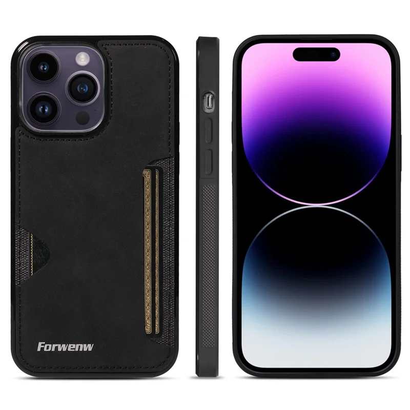 FORWENW F5 Series For iPhone 15 Pro Max Case Leather+TPU Phone Cover with Card Holder - Black
