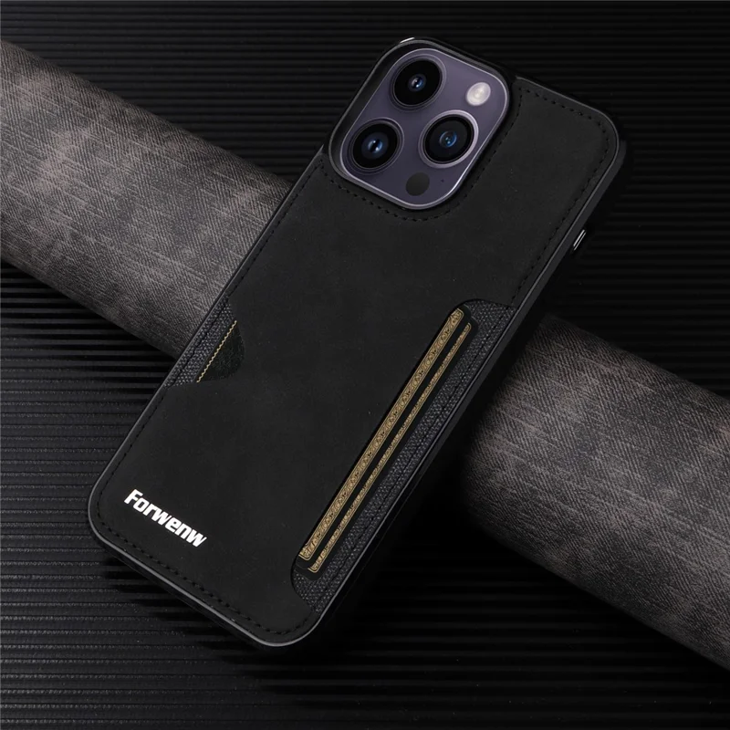 FORWENW F5 Series For iPhone 15 Pro Max Case Leather+TPU Phone Cover with Card Holder - Black