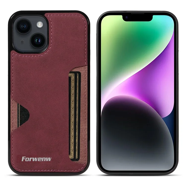 FORWENW F5 Series For iPhone 15 Card Holder Case Leather+TPU Phone Cover - Vinho Tinto