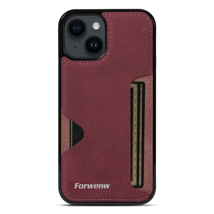 FORWENW F5 Series For iPhone 15 Card Holder Case Leather+TPU Phone Cover - Vinho Tinto