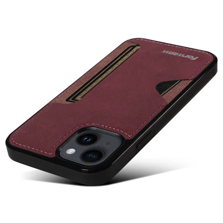FORWENW F5 Series For iPhone 15 Card Holder Case Leather+TPU Phone Cover - Vinho Tinto