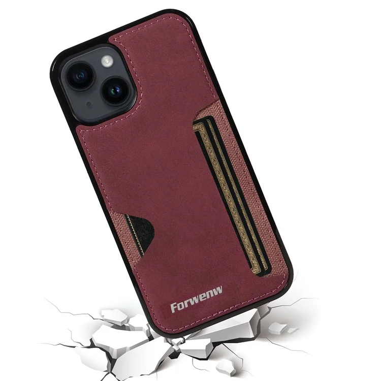 FORWENW F5 Series For iPhone 15 Card Holder Case Leather+TPU Phone Cover - Vinho Tinto