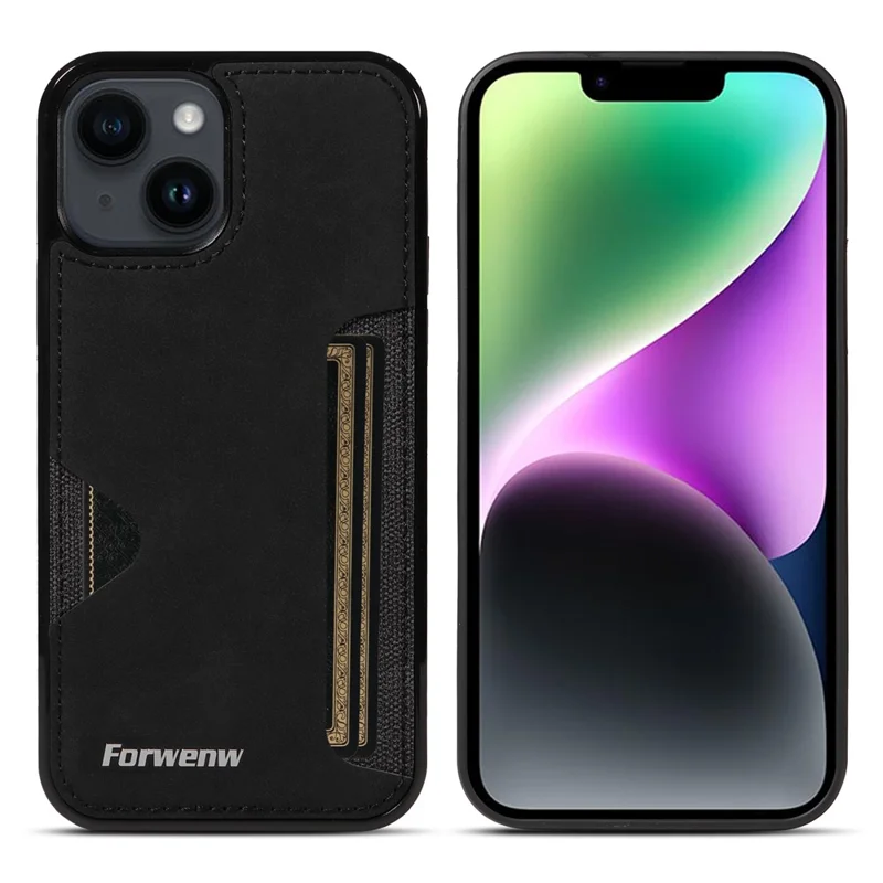 FORWENW F5 Series For iPhone 15 Card Holder Case Leather+TPU Phone Cover - Black
