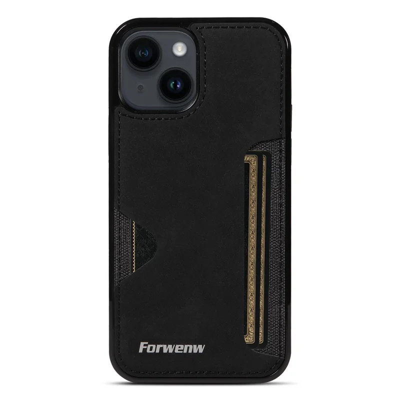 FORWENW F5 Series For iPhone 15 Card Holder Case Leather+TPU Phone Cover - Black