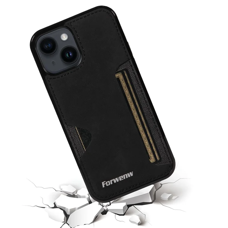 FORWENW F5 Series For iPhone 15 Card Holder Case Leather+TPU Phone Cover - Black