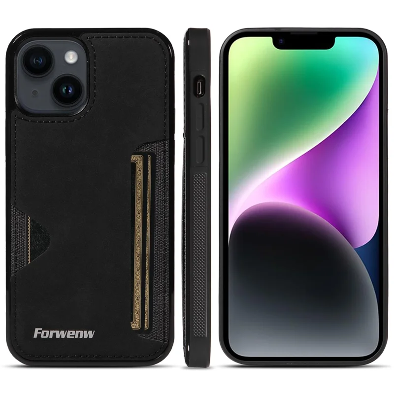 FORWENW F5 Series For iPhone 15 Card Holder Case Leather+TPU Phone Cover - Black