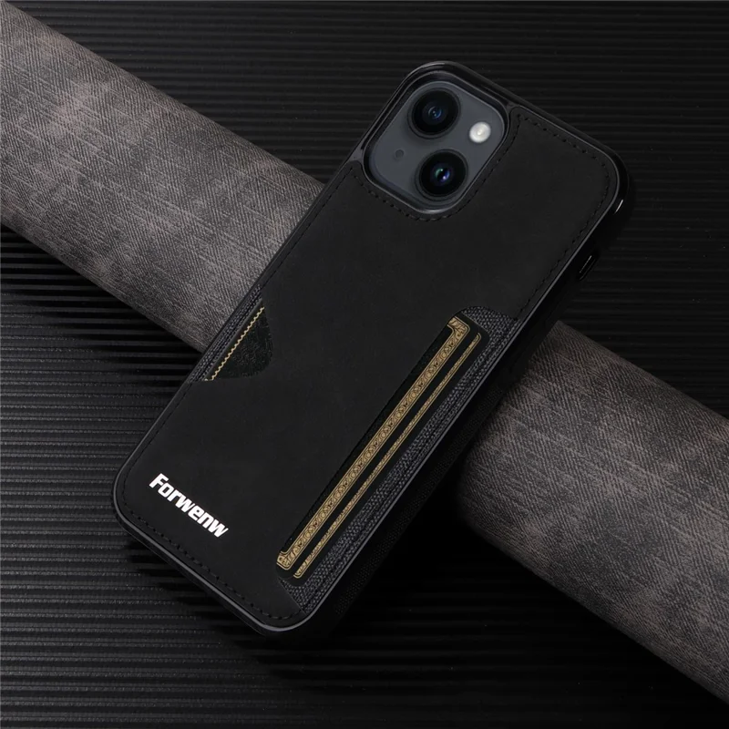 FORWENW F5 Series For iPhone 15 Card Holder Case Leather+TPU Phone Cover - Black