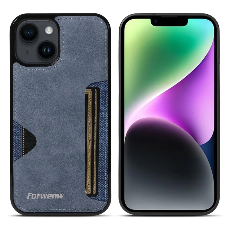 FORWENW F5 Series For iPhone 15 Card Holder Case Leather+TPU Phone Cover - Blue