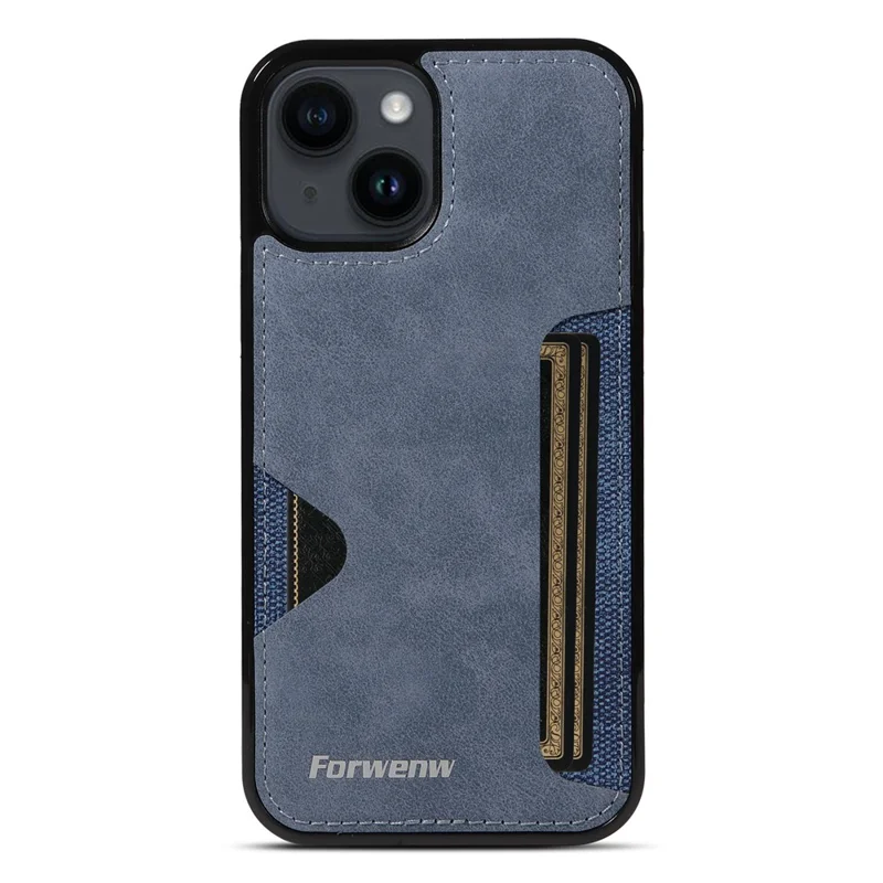 FORWENW F5 Series For iPhone 15 Card Holder Case Leather+TPU Phone Cover - Blue
