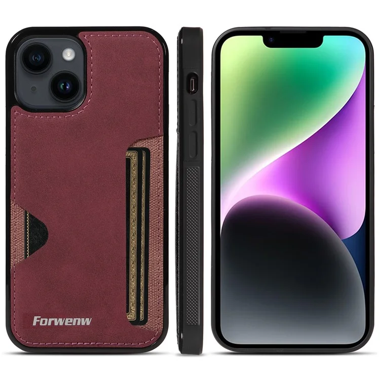 FORWENW F5 Series per iPhone 15 Plus Custodia protettiva in pelle + TPU Custodia per telefono con porta carte - Rosso vino