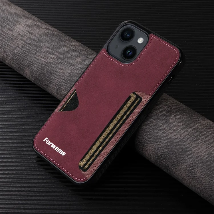 FORWENW F5 Series per iPhone 15 Plus Custodia protettiva in pelle + TPU Custodia per telefono con porta carte - Rosso vino