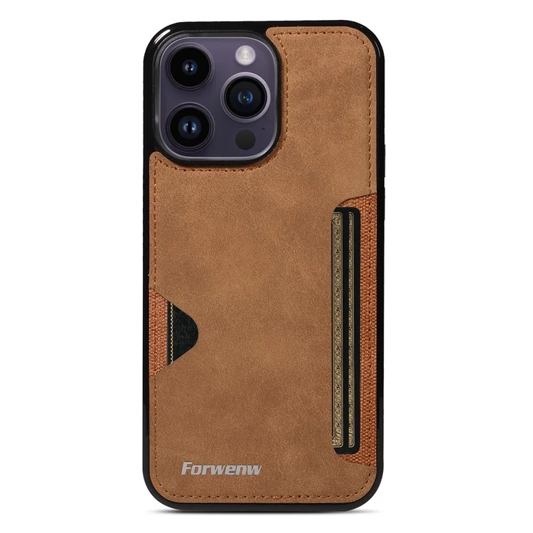 FORWENW F5 Series For iPhone 15 Pro Case Card Holder Leather+TPU Phone Cover - Marrón