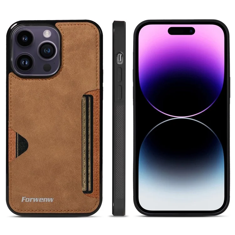 FORWENW F5 Series For iPhone 15 Pro Case Card Holder Leather+TPU Phone Cover - Marrón