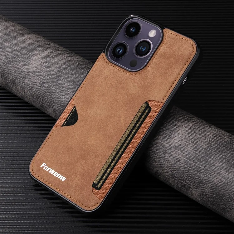 FORWENW F5 Series For iPhone 15 Pro Case Card Holder Leather+TPU Phone Cover - Marrón