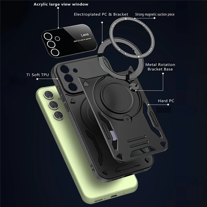 For Samsung Galaxy A15 4G / 5G Case Kickstand PC+TPU Phone Cover Magnetic Case - Black