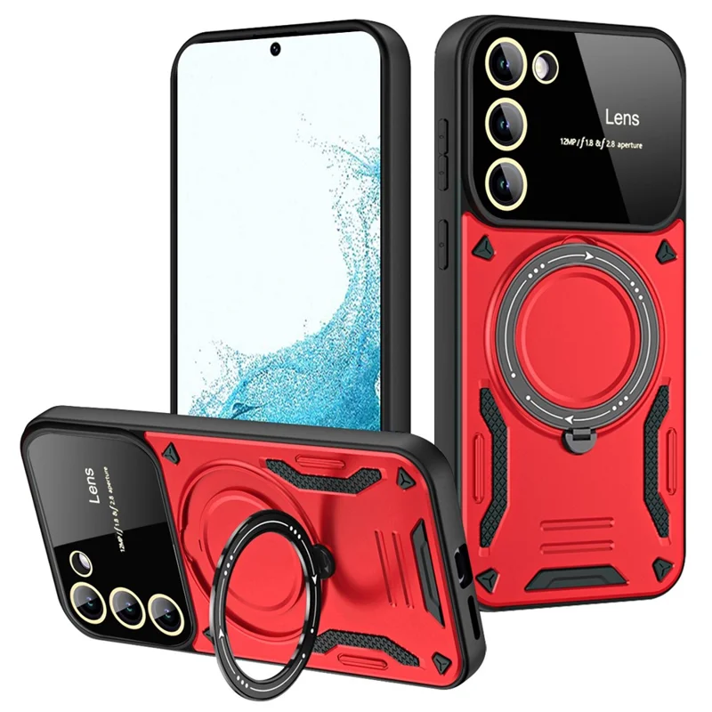 For Samsung Galaxy S22 5G Magnetic Phone Case Metal Ring Kickstand PC+TPU Cover - Red