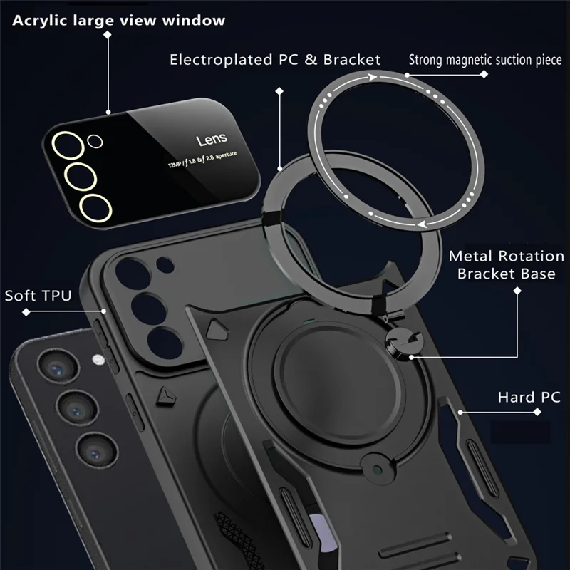 For Samsung Galaxy S22 5G Magnetic Phone Case Metal Ring Kickstand PC+TPU Cover - Red