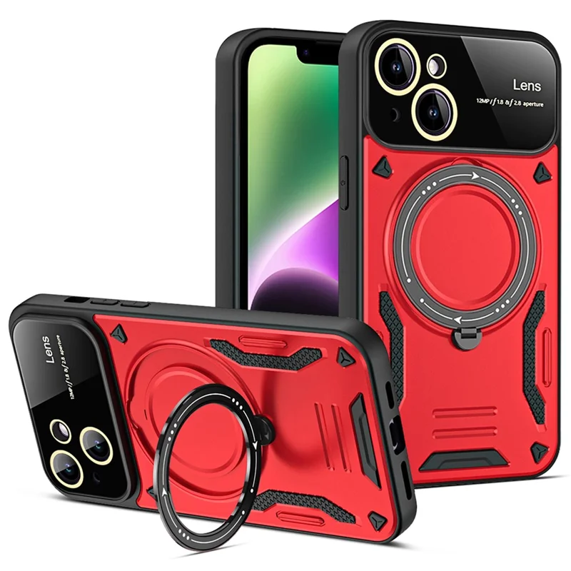 For iPhone 14 Magnetic Phone Case Ring Holder Kickstand PC+TPU Protective Cover - Red