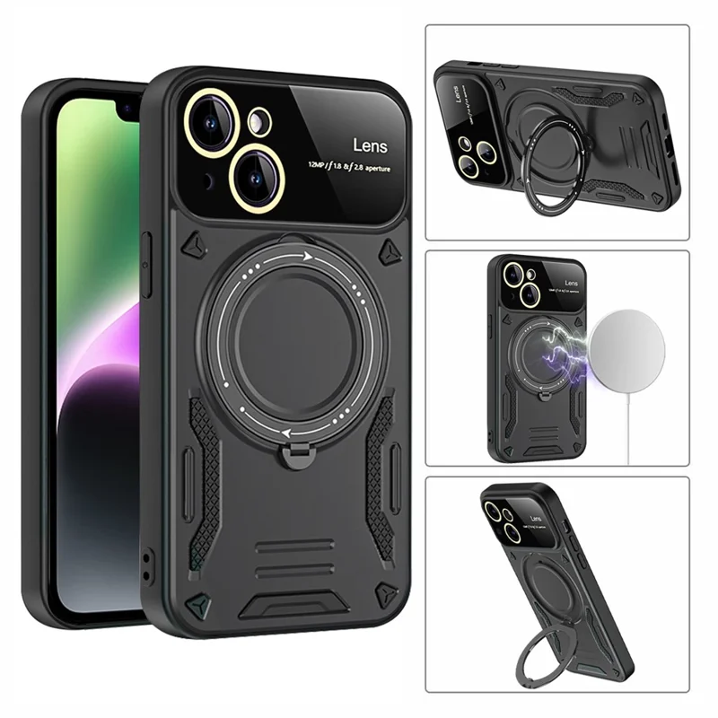 For iPhone 14 Magnetic Phone Case Ring Holder Kickstand PC+TPU Protective Cover - Red