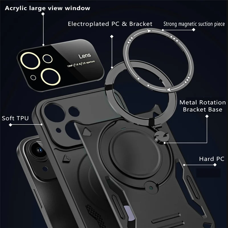 For iPhone 14 Magnetic Phone Case Ring Holder Kickstand PC+TPU Protective Cover - Red