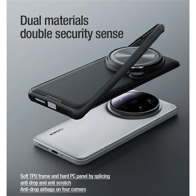 NILLKIN CamShield Prop Magnetic Series for Xiaomi 14 Ultra Case PC+TPU Phone Cover with Camera Cover / Kickstand - Green