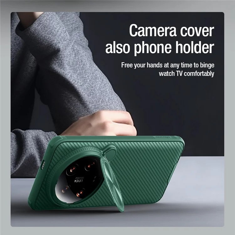 NILLKIN CamShield Prop Magnetic Series for Xiaomi 14 Ultra Case PC+TPU Phone Cover with Camera Cover / Kickstand - Green