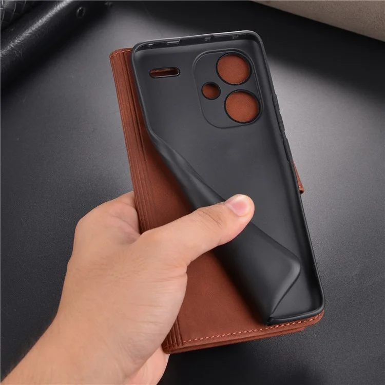 AZNS For Xiaomi Redmi Note 13 Pro+ 5G Leather Case Stand TPU Inner Shell Phone Cover - Brown