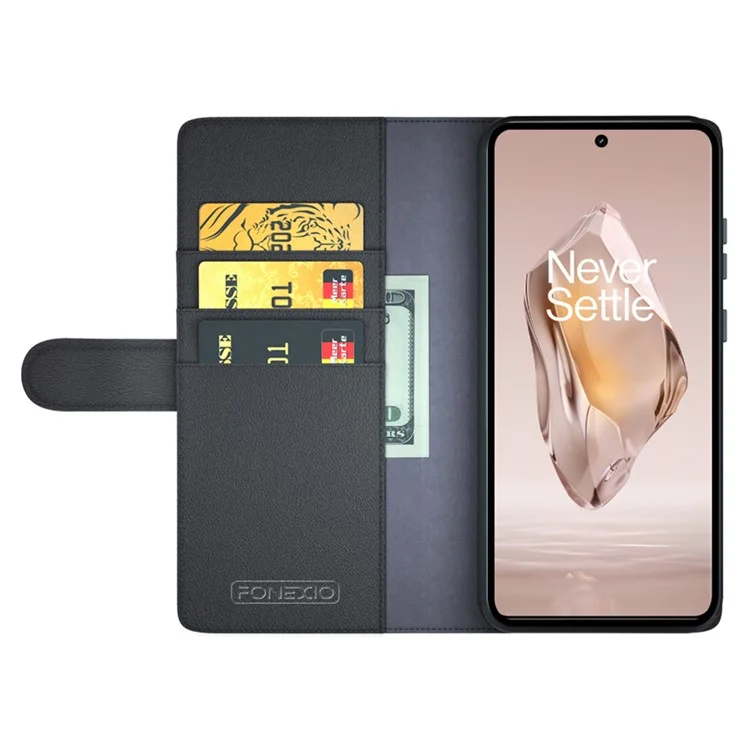 For OnePlus 12R 5G / Ace 3 5G Case Genuine Split Leather Phone Cover with Wallet Stand - Black