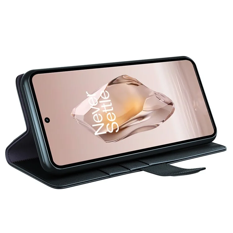For OnePlus 12R 5G / Ace 3 5G Case Genuine Split Leather Phone Cover with Wallet Stand - Black