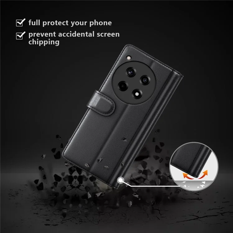 For OnePlus 12R 5G / Ace 3 5G Case Genuine Split Leather Phone Cover with Wallet Stand - Black