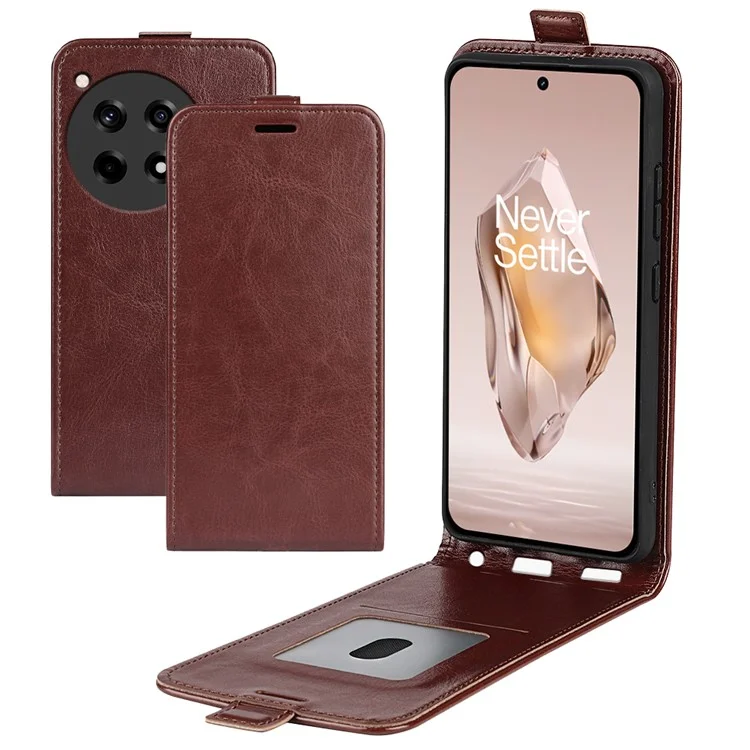 Para OnePlus 12R 5G / Ace 3 5G Capa Vertical Flip Phone Cover Crazy Horse Texture - Marrom