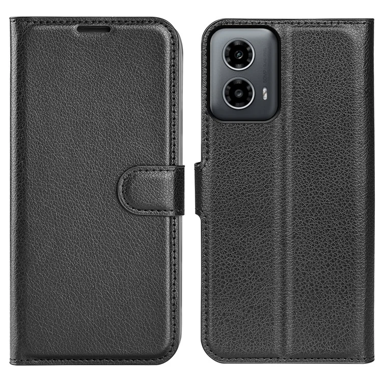 For Motorola Moto G34 5G Case Folio Stand View Leather Phone Cover Litchi Texture - Black