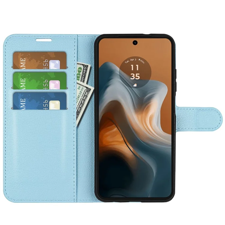 For Motorola Moto G45 5G / G34 5G Case Folio Stand View Leather Phone Cover Litchi Texture - Blue