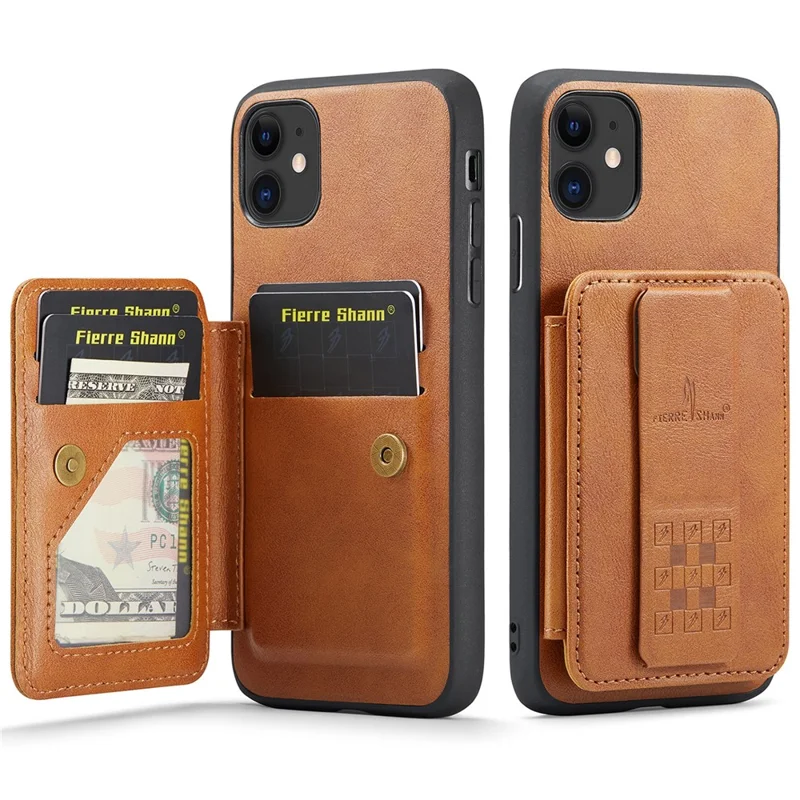 For iPhone 11 Case Finger Loop Leather+TPU Scratch-resistant Phone Cover - Brown