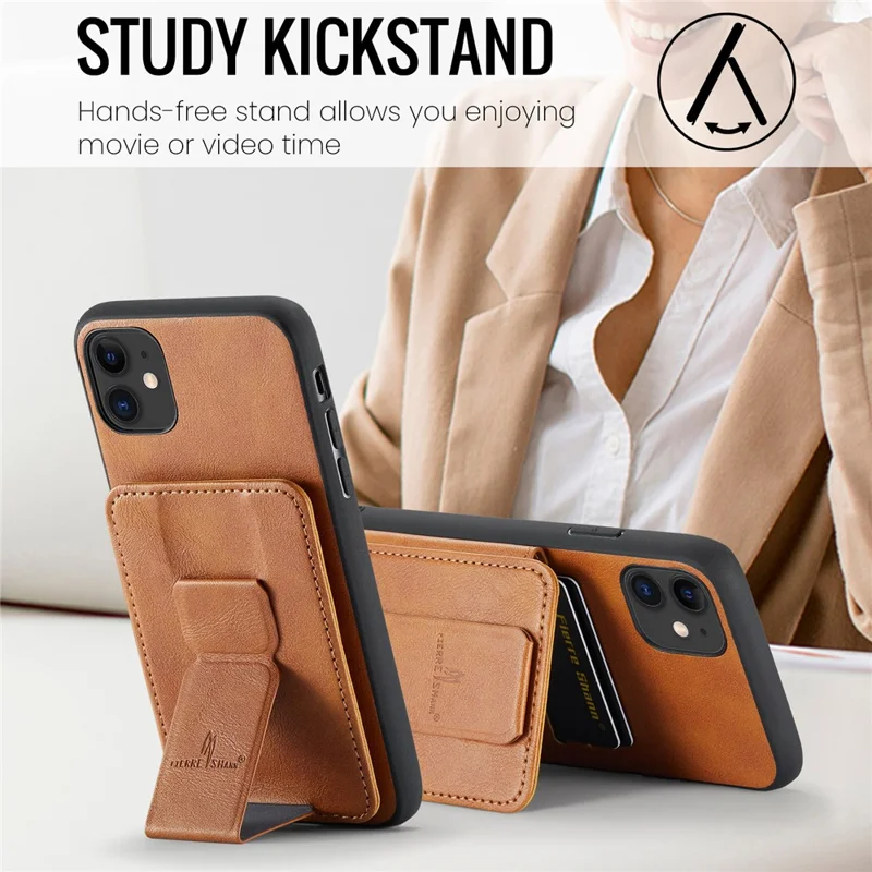 For iPhone 11 Case Finger Loop Leather+TPU Scratch-resistant Phone Cover - Brown