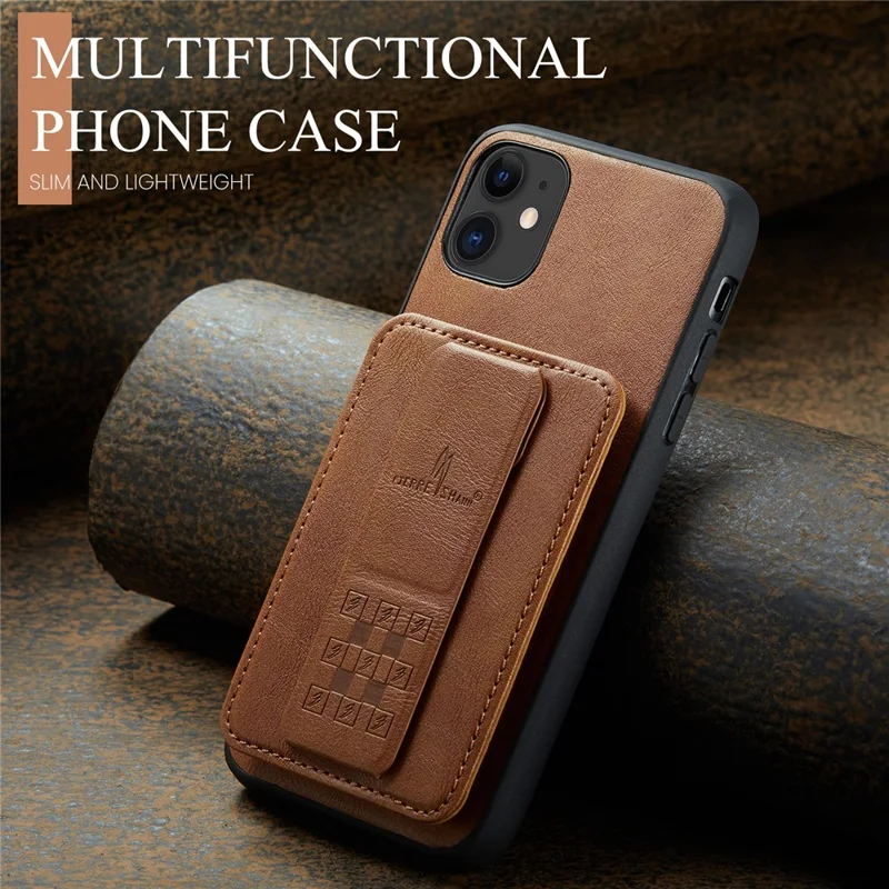 For iPhone 11 Case Finger Loop Leather+TPU Scratch-resistant Phone Cover - Brown