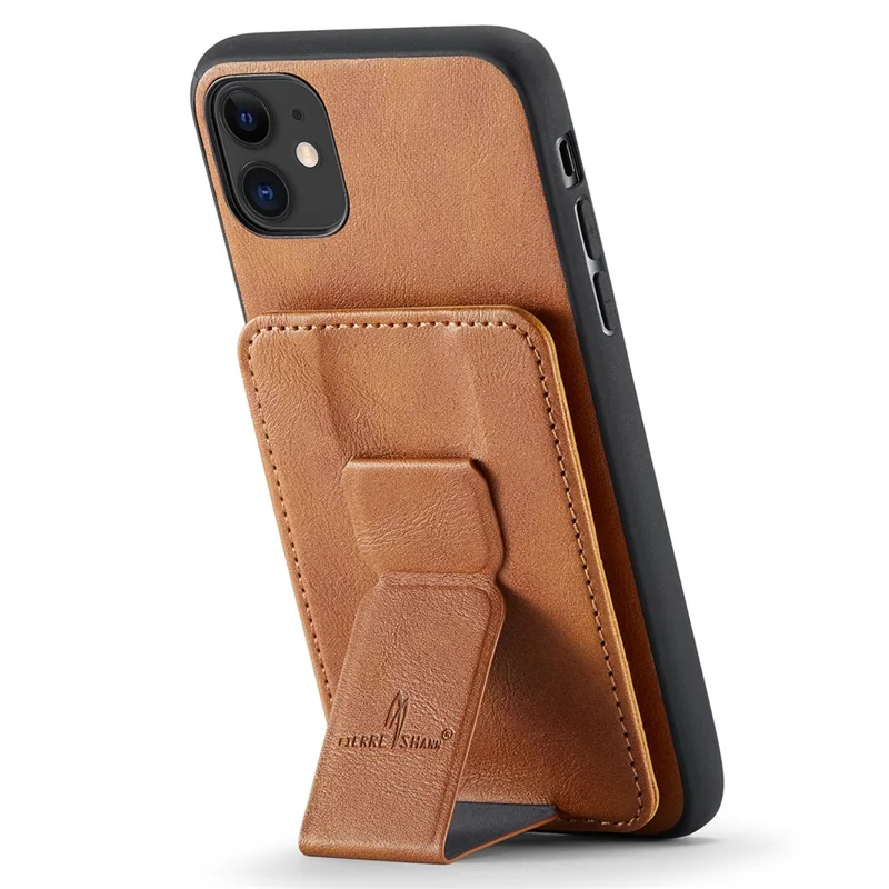 For iPhone 11 Case Finger Loop Leather+TPU Scratch-resistant Phone Cover - Brown