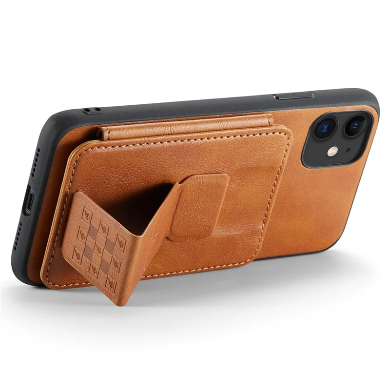 For iPhone 11 Case Finger Loop Leather+TPU Scratch-resistant Phone Cover - Brown