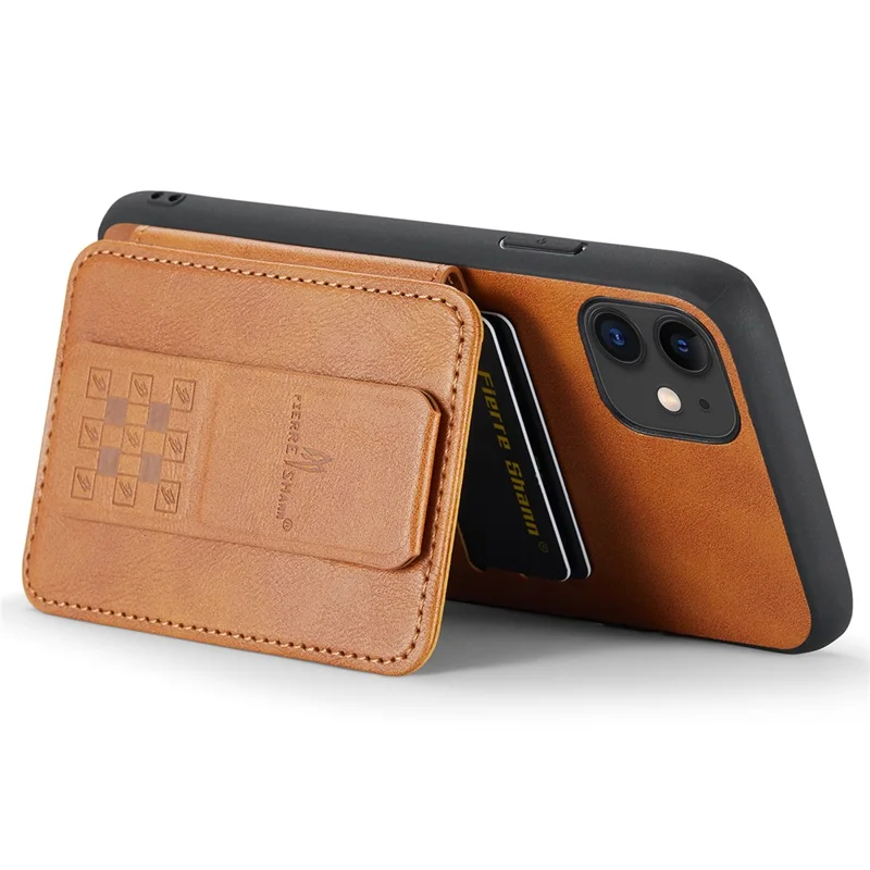 For iPhone 11 Case Finger Loop Leather+TPU Scratch-resistant Phone Cover - Brown