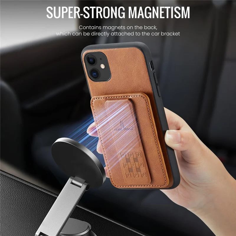 For iPhone 11 Case Finger Loop Leather+TPU Scratch-resistant Phone Cover - Brown