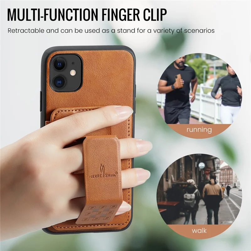 For iPhone 11 Case Finger Loop Leather+TPU Scratch-resistant Phone Cover - Brown